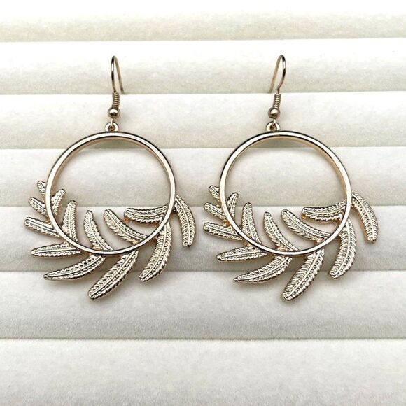 Yellow Gold Round Circular Open Hoop Fern Leaf Dangling Drop Hook Earrings - Picture 3 of 8